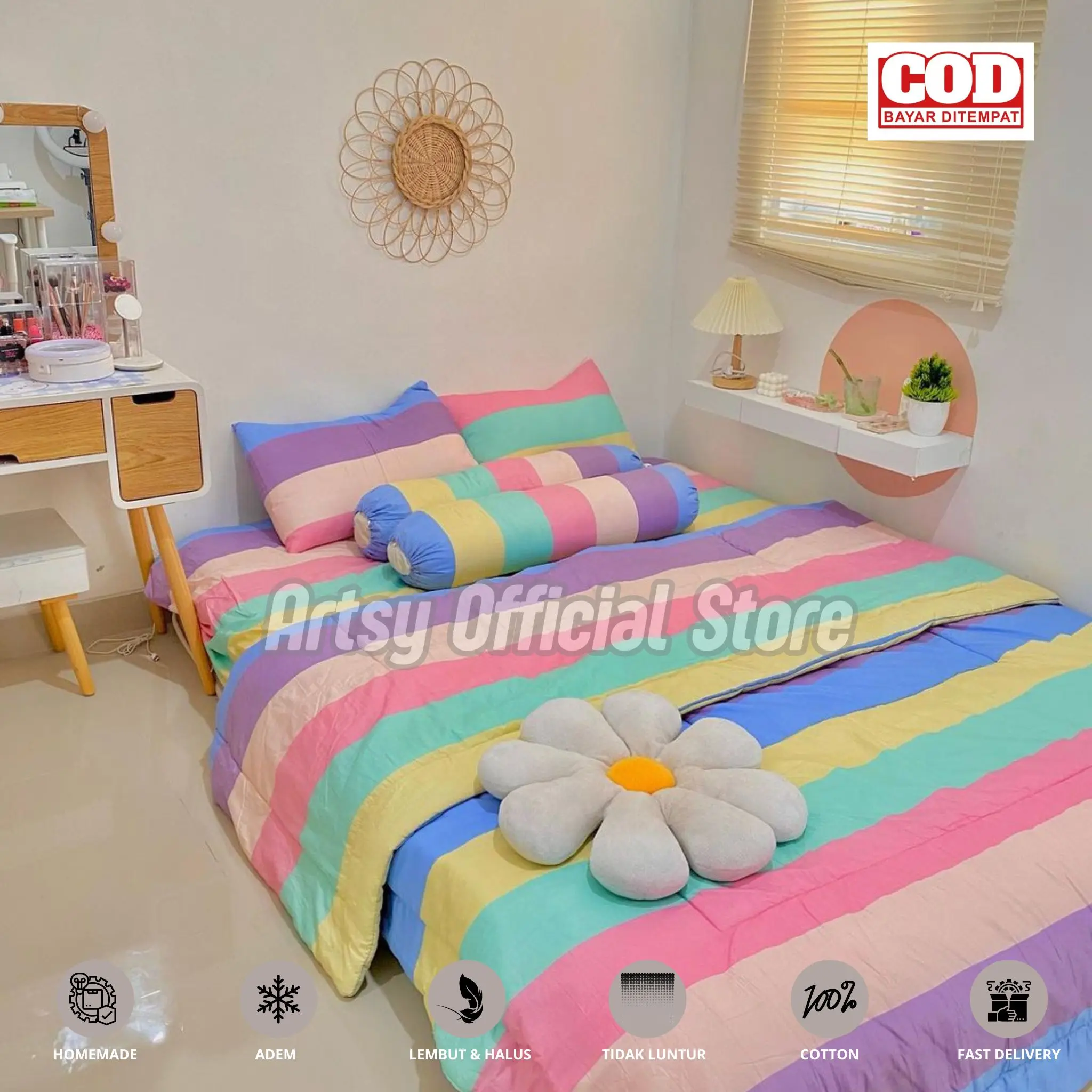Bedcover Set Sprei Motif Aesthetic Ukuran 200, 180, 160, 140, 120, 100, 90 Bantal Kain Sarung Karet Tali