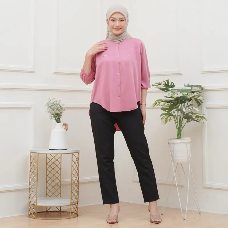 Atasan Wanita Rayon Twill premium Panjang Baju Dewasa All size  muat sampe BB 70  Nyaman Lembut Kancing Kain Formal High Hitam 5