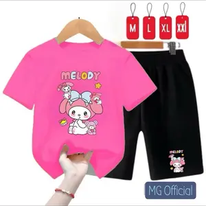 SETELAN BAJU ANAK ANAK MOTIF MELODY BAHAN KAOS ATASAN CELANA PENDEK HITAM