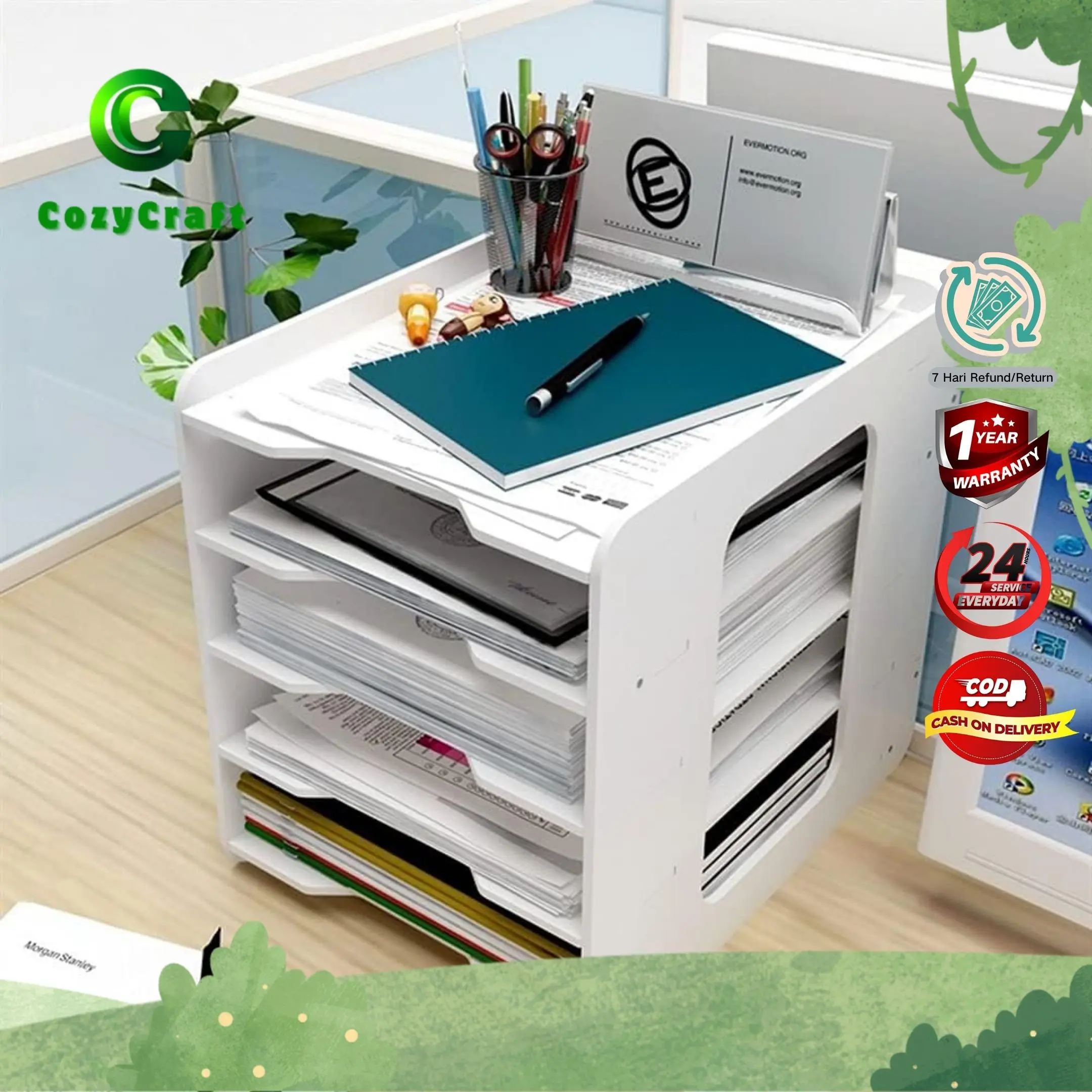 CozyCraft - Rak Meja Desk Organizer Multi-sekat Penyimpanan File Kantor Dokumen Buku Majalah HVS Polio Rak Buku Serbaguna Tempat Kertas Letter File Tempat Majalah Kayu
