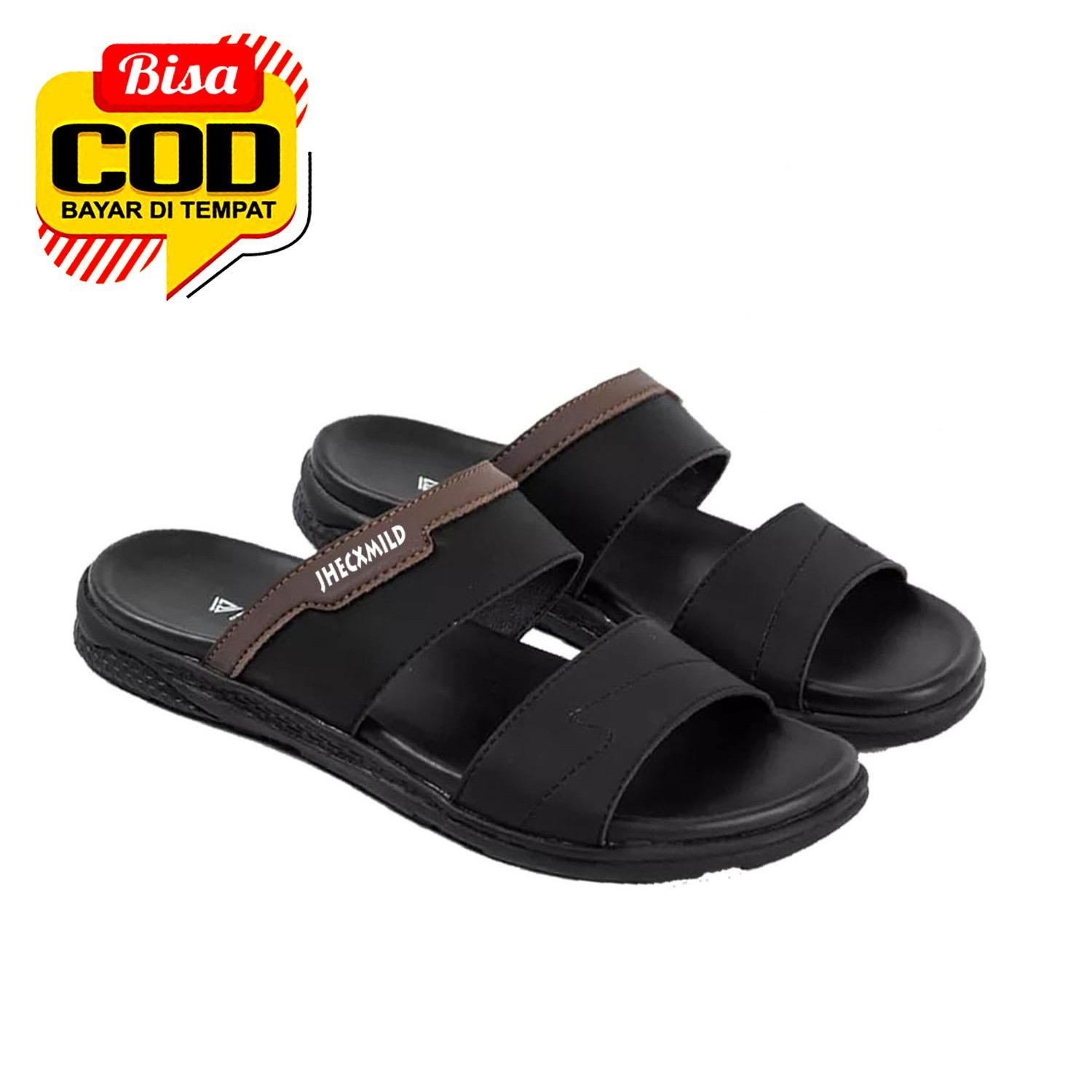 Sandal Selop Kulit Pria Slide Anti Slip Bahan Upper Kulit Sintesis Outsole Karet Nyaman Ukuran 39-43 Baru