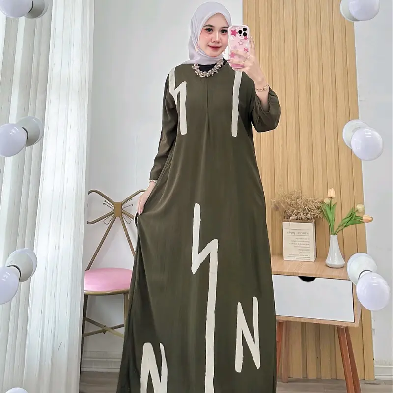 dress maxi batik cap cetak semi gamis bahan rayon premium tebal busui Muslim Wanita Remaja Samping Midi 4