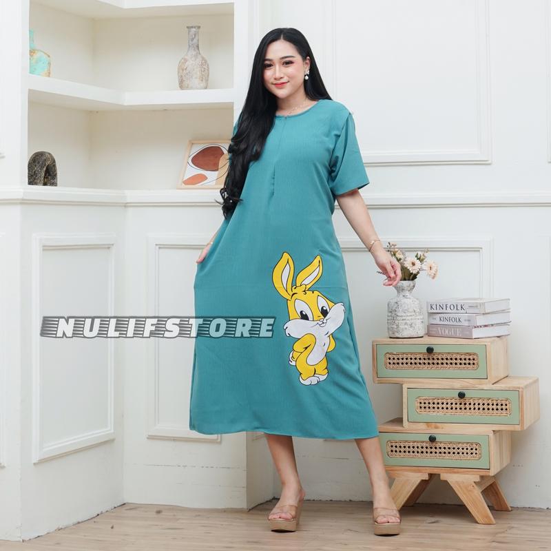 Daster Karakter Longdress Sablon Crinkle Airflow Busui Nyaman Panjang Kantong 3