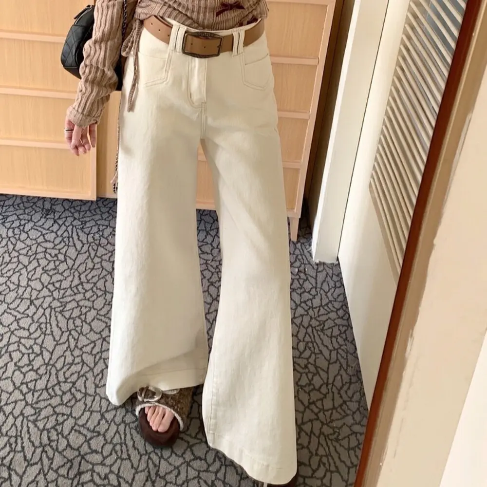 Quần Denim Cạp Cao Phong Cách Cổ Điển Mỹ, Ống Rộng, Dành Cho Nữ. Quần Dài Đến Sàn Ống Loe, Cạp Cao Mùa Xuân, Màu Trắng