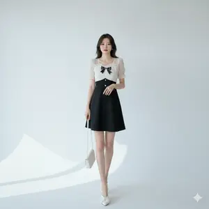 LUMI-Dress Kecil Model Baru 2026 Rok A-line Putih dengan Kerah Persegi Pinggang Ramping dan Penyambungan Pita Musim Panas untuk Temperamen Casual Wanita Dress Pendek Midi Atasan Mini Hitam Dewasa Setelan Basic Dalaman Nyaman Fit