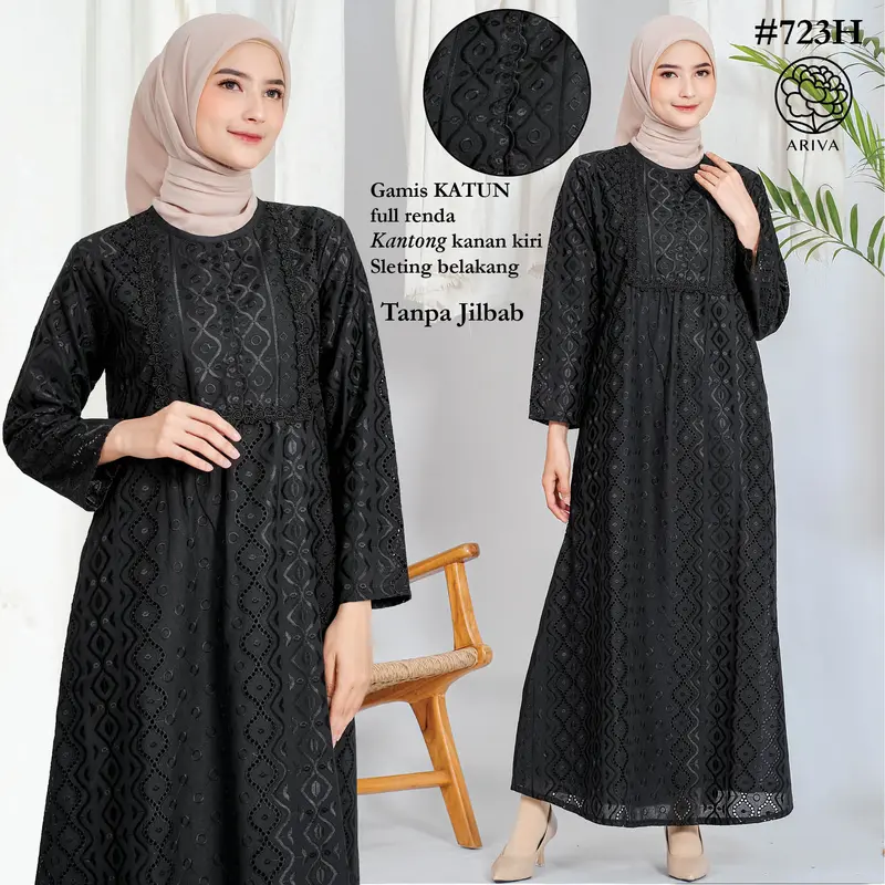 Gamis Elmira Katun Silk Renda Full 723 - Gamis Katun Hitam Muslim untuk Haji Ihrom - Perlengkapan Haji by ARIVA 0