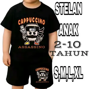 Baju Setelan CAPPUCCINO ASSASSINO 01 Kaos+Celana Anak-Anak Laki-laki & Perempuan Ideal Usia 2-10 Tahun Bahan Katun Soft,Size S,M,L,XL Kaos Distro Fashionable - Parsel Anak Cowok & Cewek