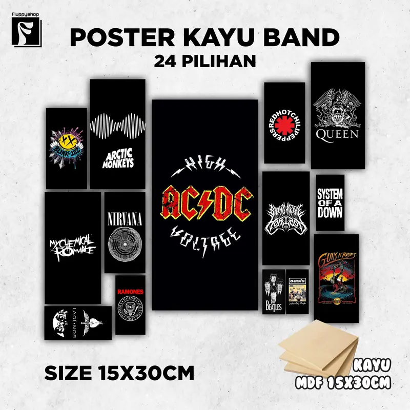 Poster Kayu Band Rock dan Metal | Ukuran 15x30cm | Acdc The beatles Artic Monkyes Blink Queen Bmth 0