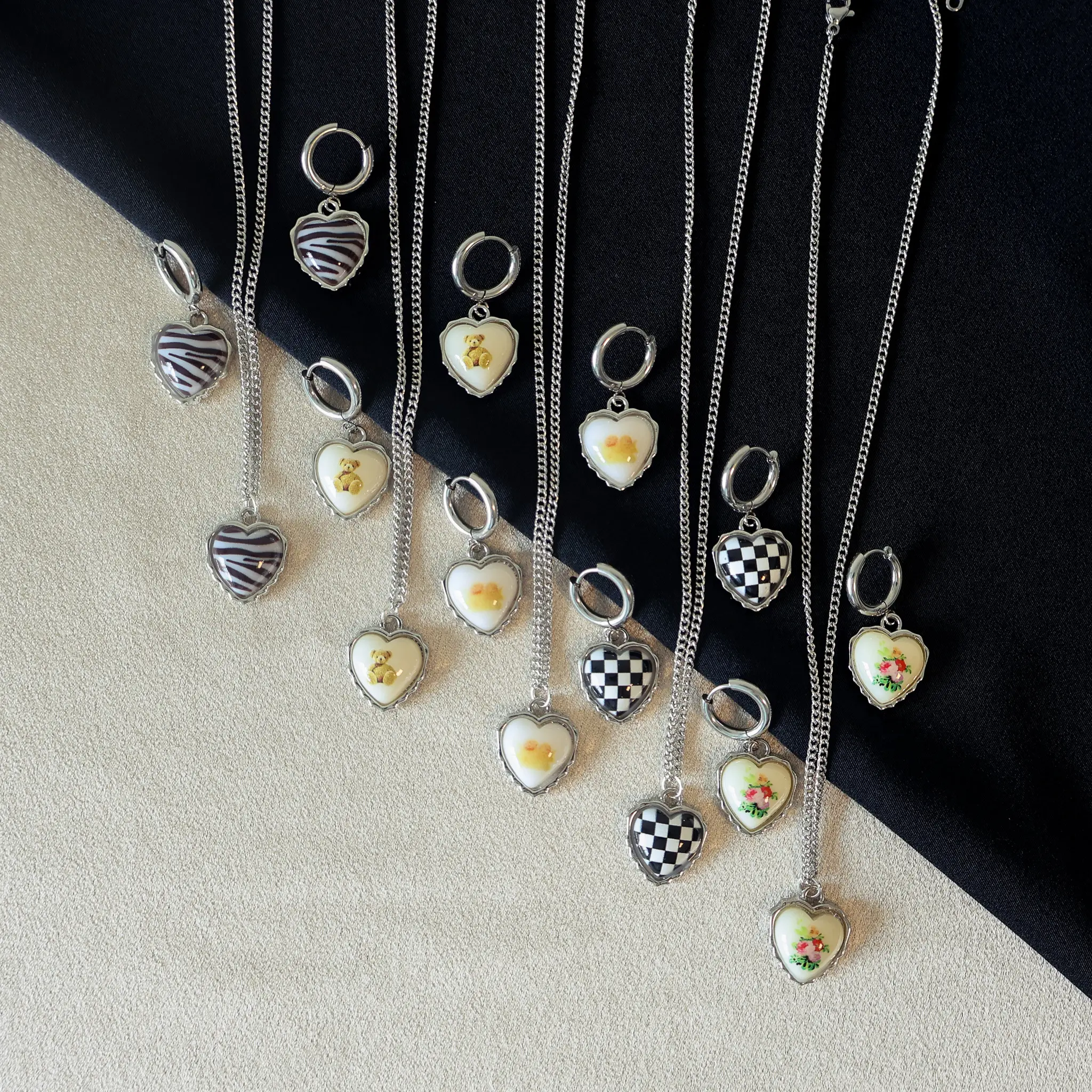90s Prints Heart Necklace | 90s Heart Prints Earrings | Y2K Design Huggies | Y2K Design Necklace | Silver Jewelry | Stainless