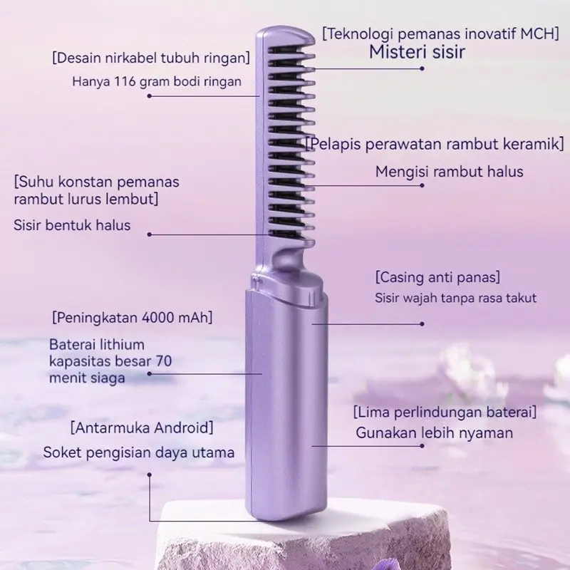 Sisir Rambut Anti Kusut 2 in 1 Pelurus Rambut Elektrik Isi Ulang Mobile Heat Comb 7