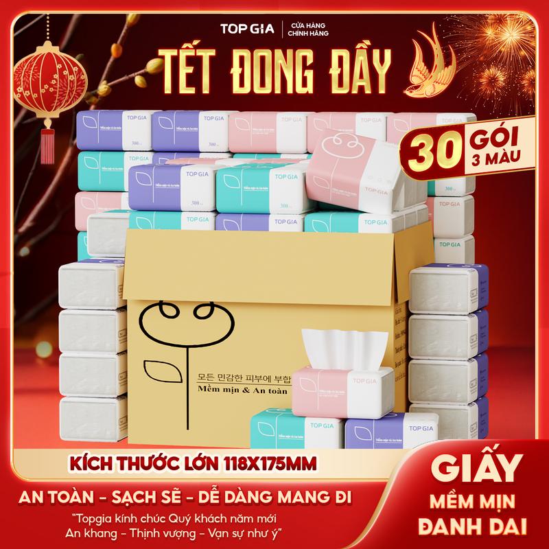 GIẤY LỤA Thùng 30 gói giấy 3 màu TOPGIA chính hãng - Khăn giấy tiện lợi 4 lớp mềm mịn - giấy rút cao cấp Đạt Chuẩn Bộ Công Thương Top Gia HCM F0100