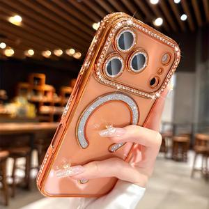 iPhone 17 Pro Max/17 Pro/17 Air/17用ラグジュアリーラインストーン携帯ケース、磁気ワイヤレス充電対応、透明保護ケース、レンズ保護付き、ラインストーンデザイン