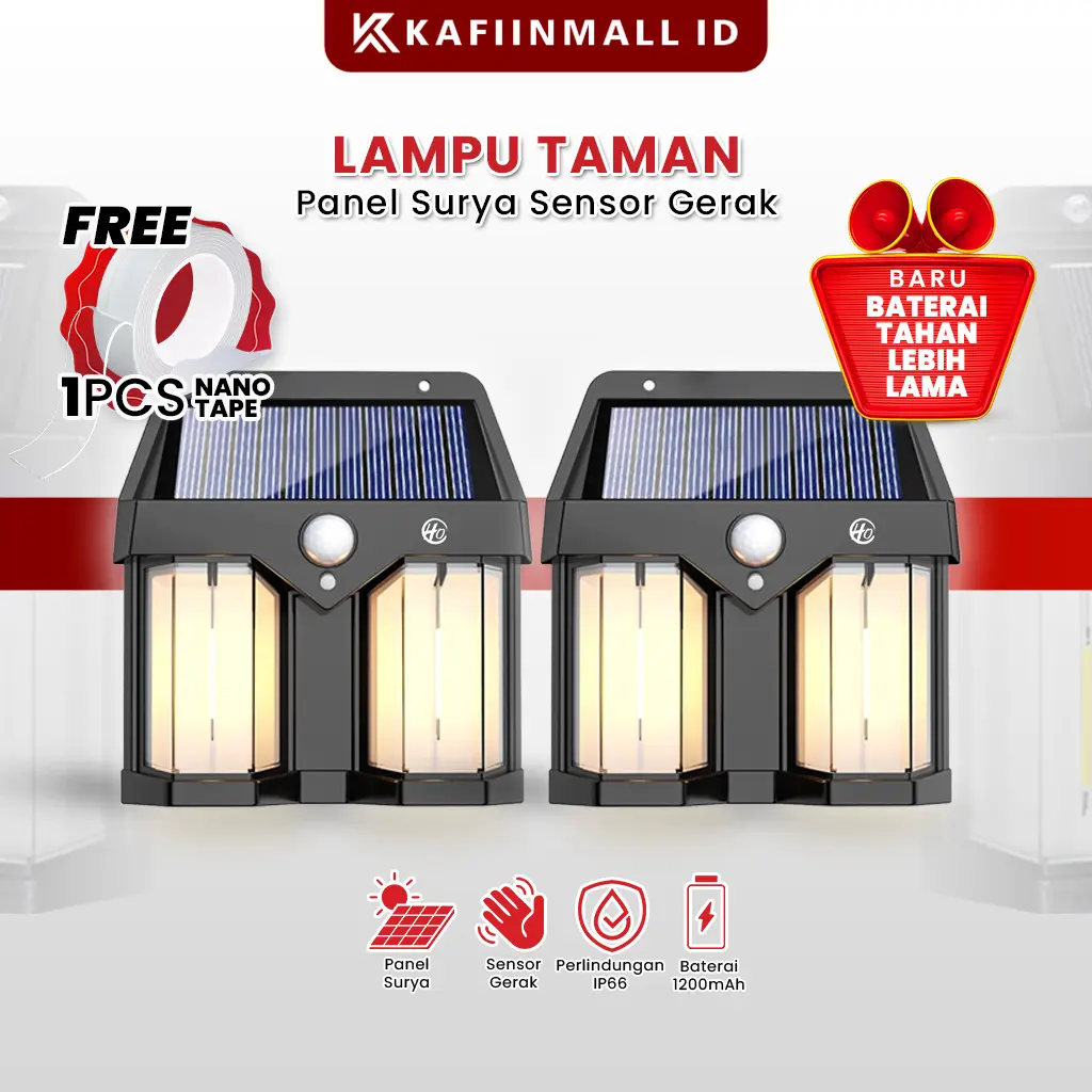 Kafiinmall Lampu Dinding Tenaga Surya 2 LED Warm White Sensor Gerak Tahan Air Lampu Solar Matahari Hias Taman Outdoor Tanpa Listrik