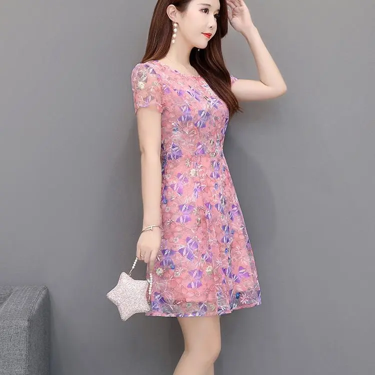 Váy Quần Áo Nữ, Ngoại Cỡ, Trang Phục Mùa Hè, ngắn Tay, Cổ Tròn, Váy Hoa, Ôm Sát Eo, Váy Trông Trẻ Trung, Váy Cho Mẹ 8
