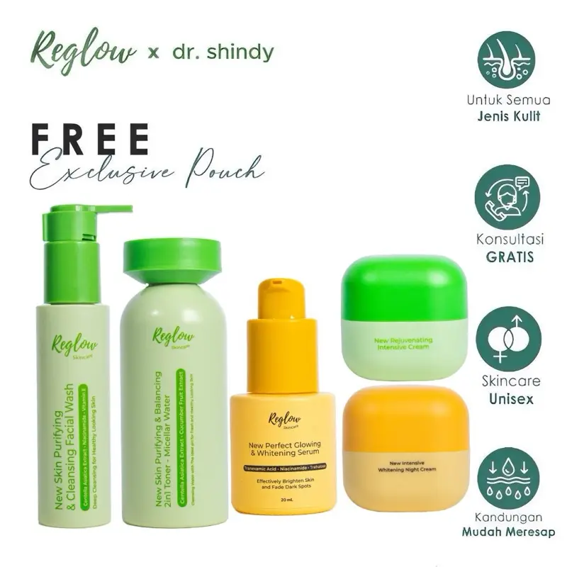 Paket Reglow Perfect Glowing Lengkap Facial Wash Day Cream Night Cream Serum Toner Reglow dr Shindy Skincare Original BPOM Mencerahkan Wajah dan Mengilangkan Jerawat Hitam Kotoran 5pcs