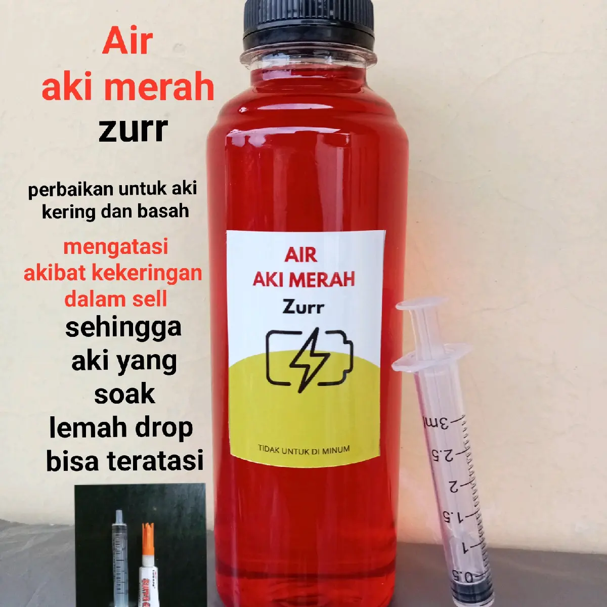 Air aki merah , cairan elektrolit perbaikan sell aki 250ml
