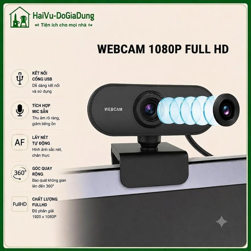 WEBCAM 1080P FULL HD , đặt ở bàn làm việc , gắn trên lap top , lật ngược dọc , cổ xoay 360 độ . WEBCAM có sẵn MIC thu âm , hình ảnh sắc nét , video mượt mà ,âm thanh rõ ràng ,hỗ trợ đàm thoại tốt ,dễ dàng điều chỉnh góc quay theo nhu cầu