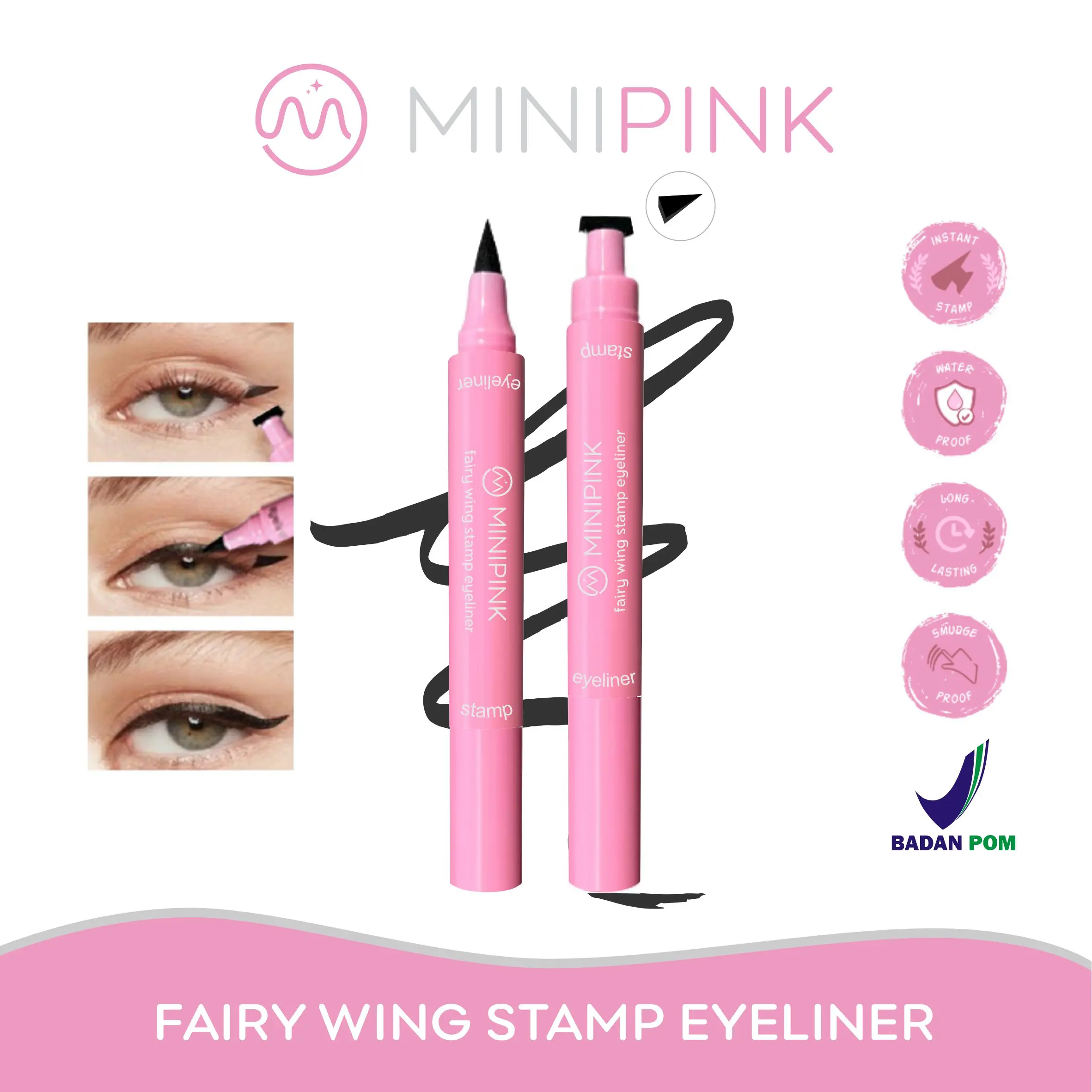 MINIPINK Eyeliner Stamp 2 in 1 BPOM Double Head Quick Dry Fairy Wing Stamp Eye Liner Hitam MP018