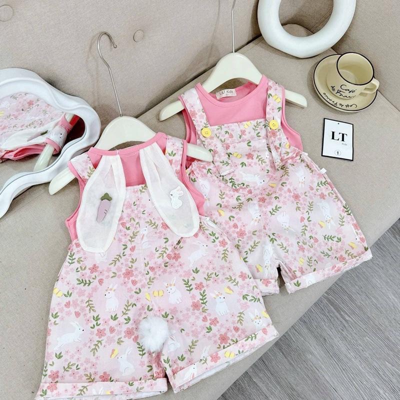 (Shopmesockids) Sét quần yếm hoa mix áo hồng tai thỏ dễ thương cho bé gái