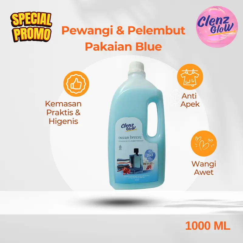 Pewangi Pakaian Botol 1 Liter Murah Wangi Tahan Lama Clenz Glow dan Gratis Deterjen Cair 1