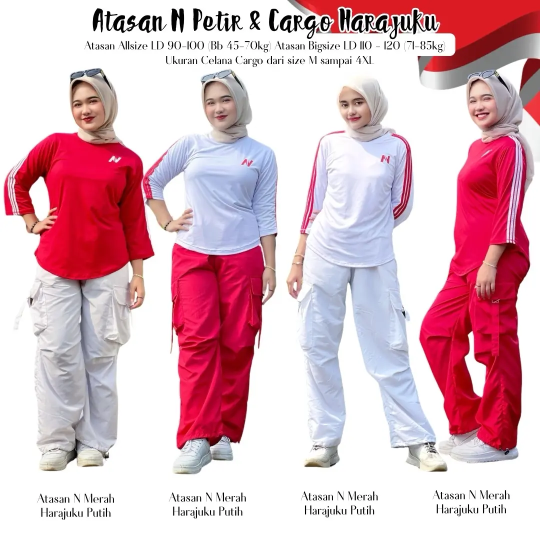 Mix Match Atasan N Petir Edisi Merah Putih dan Harajuku Bahan Parasut dan Atasan Spandek Polyster Stelan Olahraga Zumba Aerobik Fitness Gym Poundfit