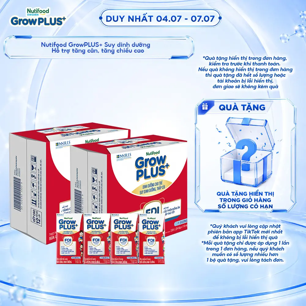 [Đỏ SDD] [ÍT ĐƯỜNG] Combo 48 hộp 110ml Sữa Bột Pha Sẵn Nutifood GrowPLUS+ Suy Dinh Dưỡng ít đường- Hỗ trợ Tăng Cân, Tăng Chiều Cao- Link chính (Bao bì/quy cách tuỳ đợt nhập hàng)
