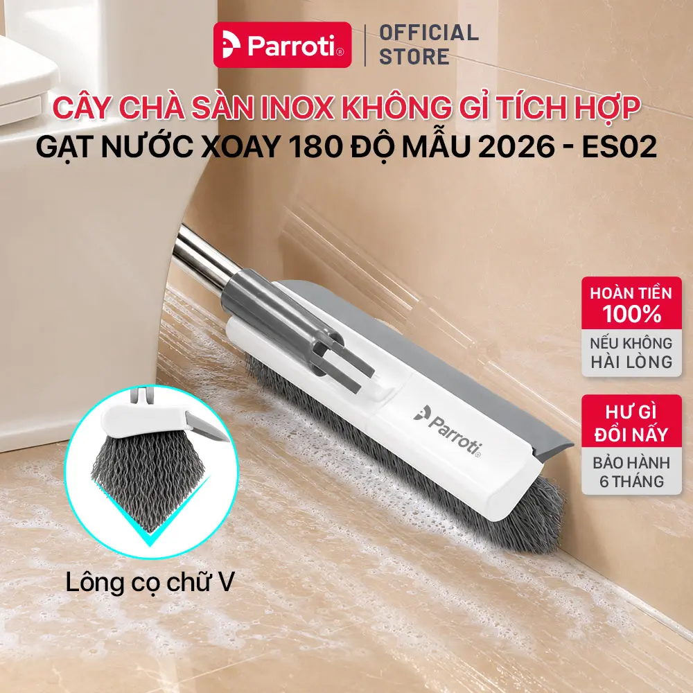 Cây chà sàn nhà tắm đa năng Parroti 2 trong 1 Mẫu 2026, chổi cọ sàn và gạt nước, xoay 180 độ, chà sạch khe hẹp – ES02