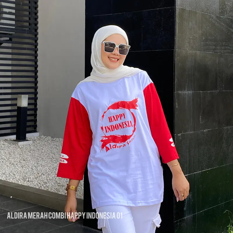 Kaos Oversize Kemerdekaan Happy Indonesia Combi putih merah Pakaian Baju Wanita 4