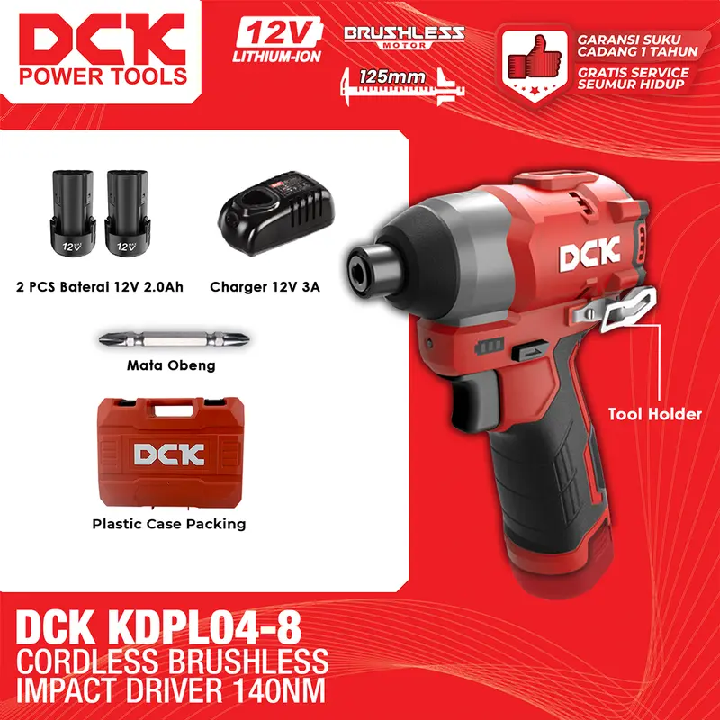 DCK Cordless Brushless Impact Driver Torsi 140 Nm KDPL04-8 / Mesin Obeng Impact Baterai 12V