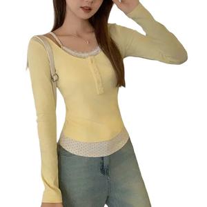 Áo Thun Hoa Dài Tay Hai Mảnh, Màu Navy, Dành Cho Nữ, Áo Thường Ngày Mùa Xuân, Thiết Kế Ngọt Ngào Và Nhẹ Nhàng, Lớp Bên Trong Hoàn Hảo, 7973 #