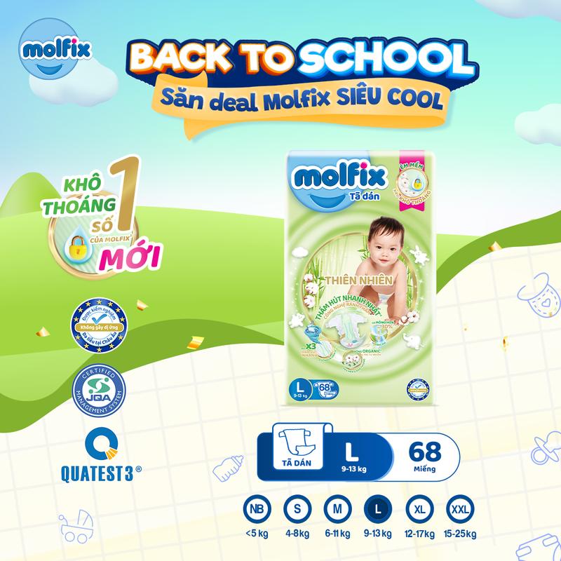 Tã/Bỉm Dán Molfix Thiên Nhiên Super Jumbo Với Sợi Tre Tự Nhiên Và Bông Organic Thấm Hút, Mềm Mại Luôn Khô Thoáng Cho Bé - 5 Size S/M/L/XL/XXL (4kg - 25kg) [Bao bì thay đổi theo từng đợt nhập hàng]