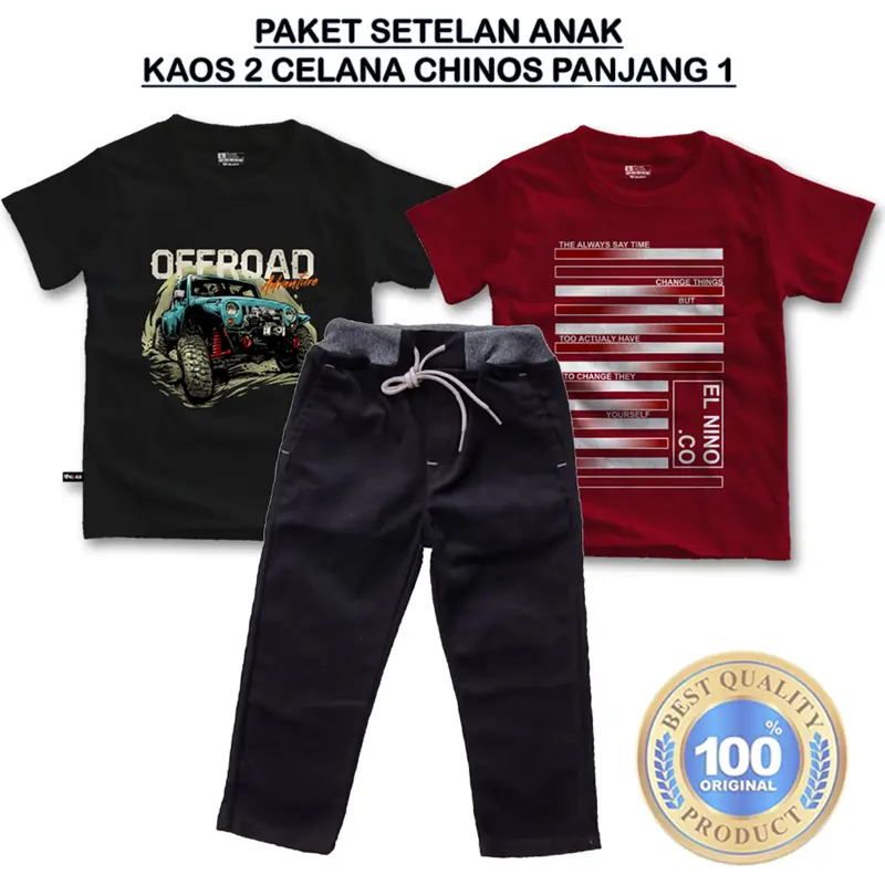 Paket setelan anak laki laki 2 kaos 1 celana Chino panjang usia 3,5-14 tahun bahan premium Kids 5