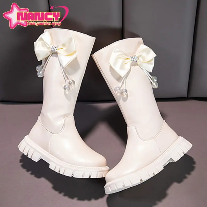 Nancy kids long Boots for kids girls Bow Tie White Princess Boots for 5-15Years old Black Casual Boots Princess long Boots