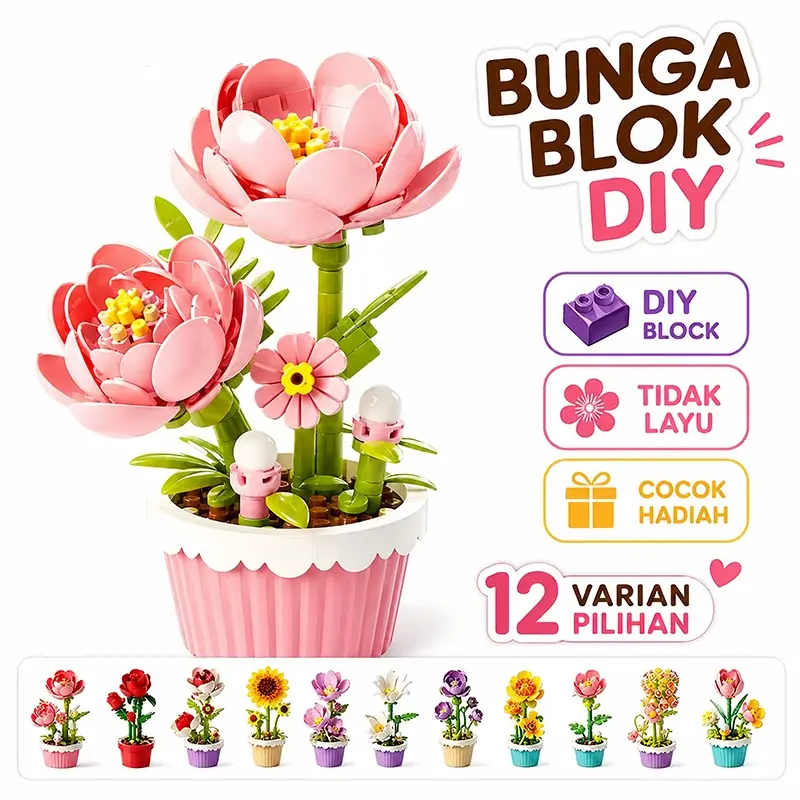 【COD】Pot Bunga Blok Susun Edukasi Mainan Puzzle Dekorasi Meja Hadiah Kado Ulang Tahun