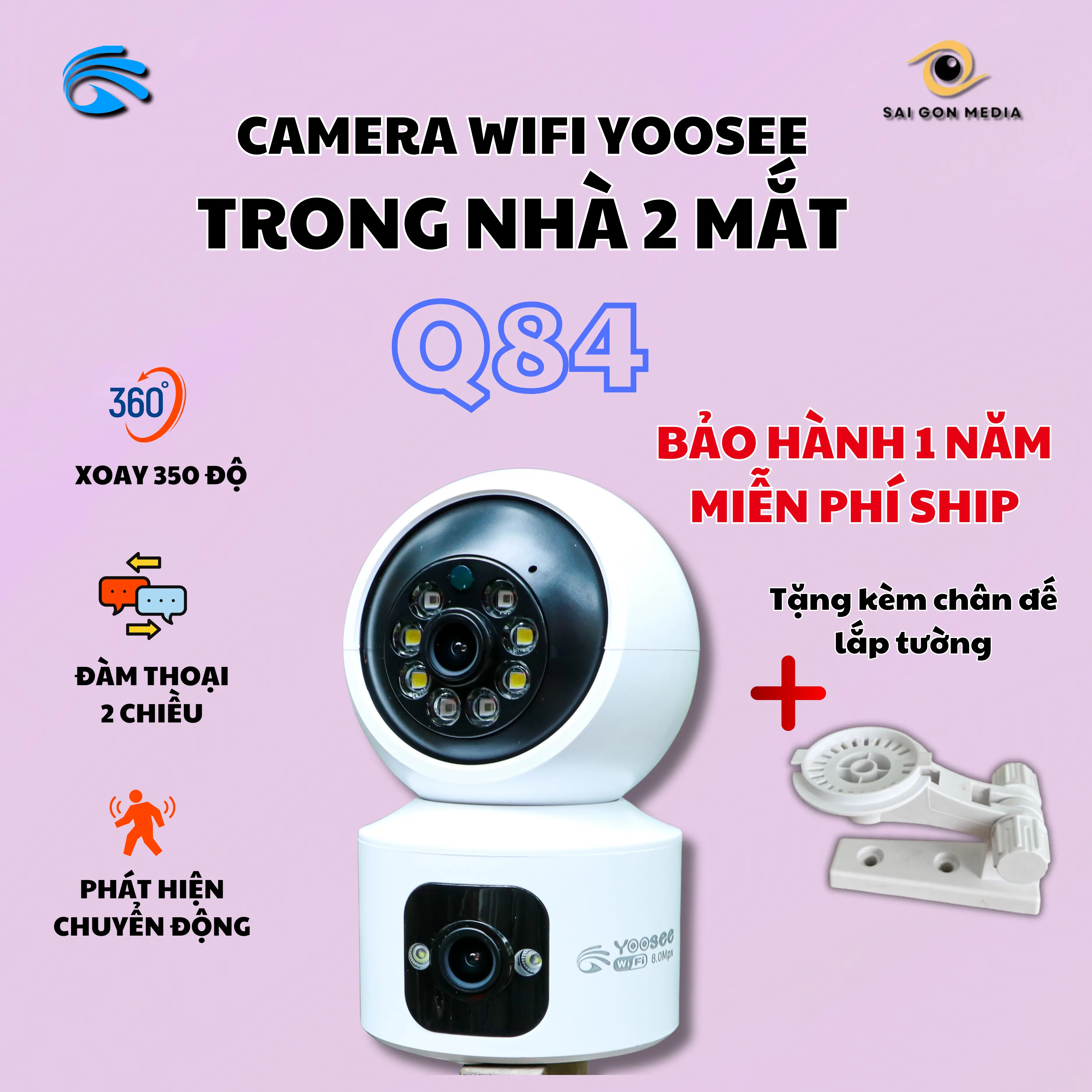 Camera Wifi Yoosee 2 Mắt Trong Nhà Q84-Xoay 360-Đàm Thoại 2 Chiều-Xem Đêm Có Màu
