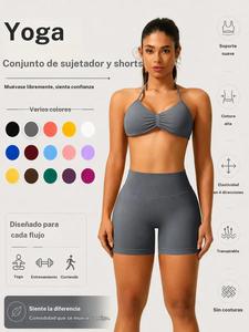 Conjunto de Ropa Deportiva para Mujer con Sujetador Deportivo Corto de Color Sólido y Shorts de Cintura Alta, Trajes Deportivos Casuales Transpirables y Sin Costuras para Yoga, Gimnasio y Correr, Ropa Deportiva para Damas para Todas las Estaciones