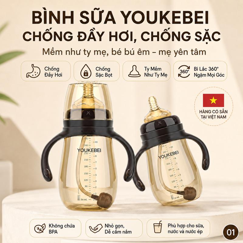 Bình Sữa, Chất Liệu PP, Đường Kính Rộng, Có Ống Hút Cho Em Bé Có Tay Cầm, 240ml 300ml # bình sữa # pp Tập Uống Voi