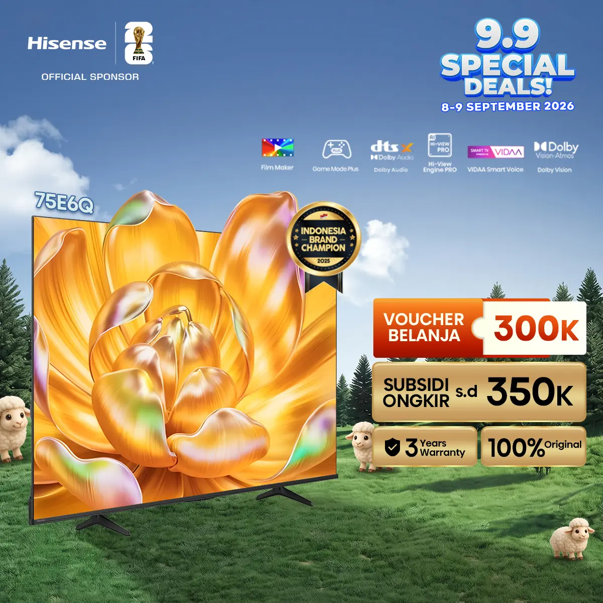 Hisense 4K TV 75E6Q- 75 inch- Vidaa Smart Digital TV- Peningkatan AI 8K- Dolby Vision- DTS X Dolby Audio-AI Smooth Motion