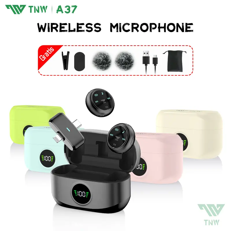 TNW A37 2-In-1  Wireless Microphone Clip On Mic Magnetic Mikrofon HP Plug & Play Dual Lavalier Microphone with Charging Case
