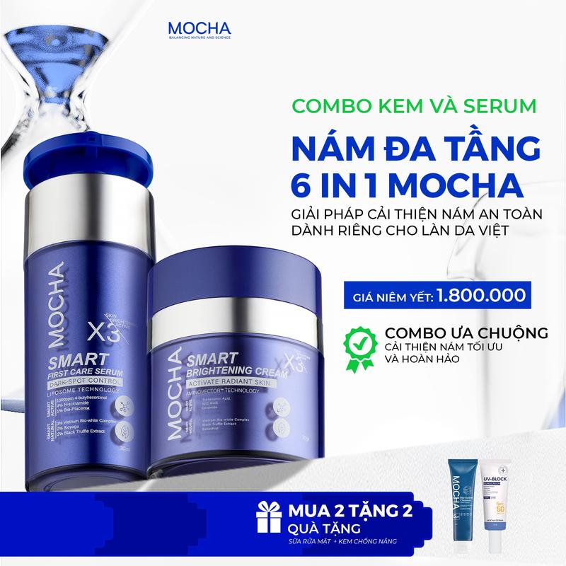 MOCHA Combo Kem & Serum Đa Tầng 6 In 1 X3 Công Nghệ Đột Phá Cải Thiện Nám, Thâm, Sạm, Tàn Nhang - Quà tặng: Sữa Rửa Mặt 25ml & Kem Chống Nắng 15gr - An Toàn Cho Da Việt