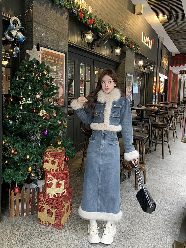 Product Introduction of Fujia Qianjin-Áo Khoác Denim Chần Bông Dày Lót Lông Cừu Cho Nữ, Váy Cạp Cao, Trang Phục Thời Trang Mới Mùa Đông 2023 32