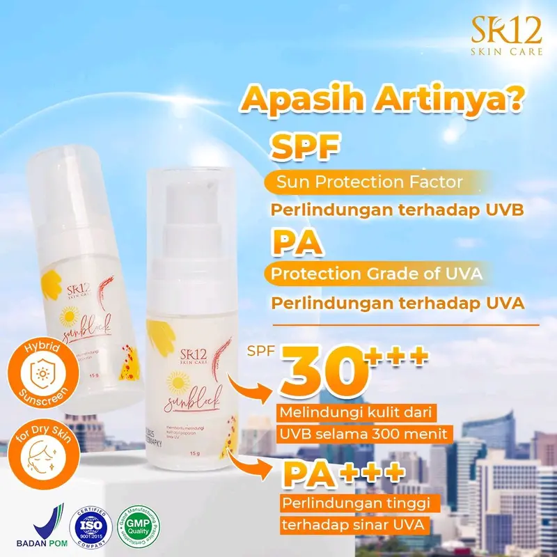 Suncare Lotion  dan Sunblock SR12 Original Cream Pelindung Kulit Wajah Dari Sinar Matahari BPOM SPF 30 - 15g - Extract 5