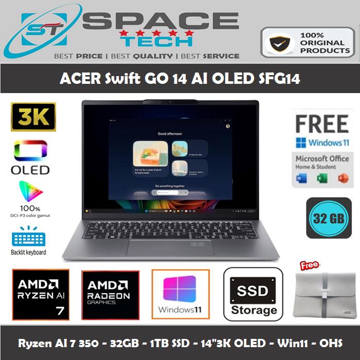 Gambar ACER Swift GO 14 AI OLED SFG14 Ryzen AI 7 350 32GB 1TB SSD 14"3K OLED W11 OHS - TANPA ANTIGORES dari Space Tech Store Kota Administrasi Jakarta Barat Tokopedia