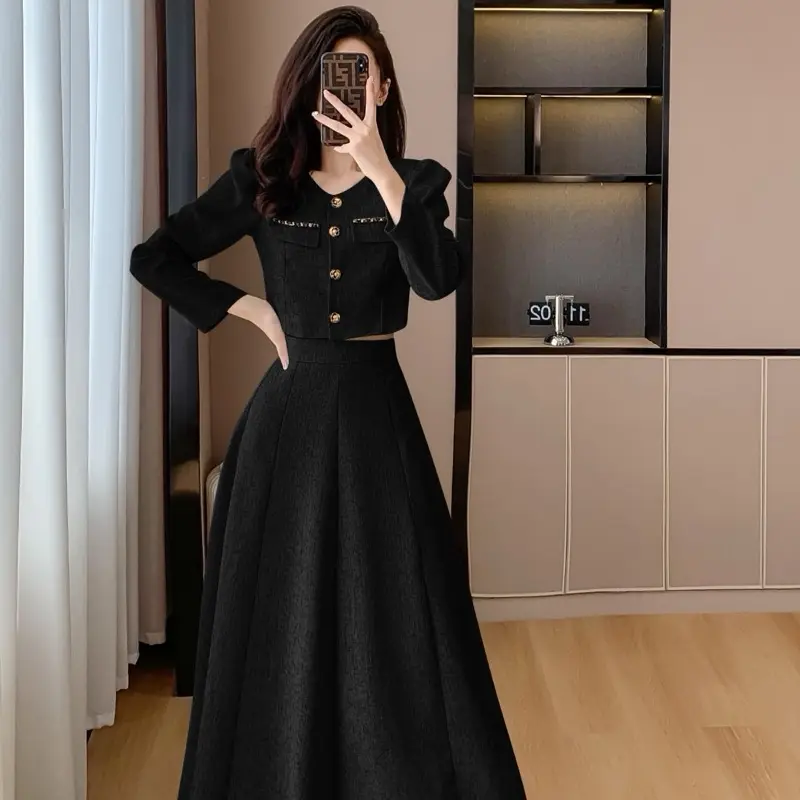 DOHEE TWEED ONE SET PREMIUM | SETELAN WANITA KOREAN STYLE LONGSLEEVE TOP AND MIDI SKIRT - OS381 0
