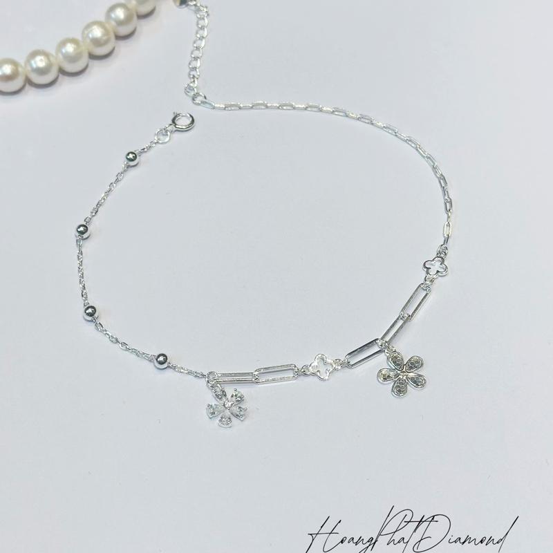 [ Hoàng Phát ] Phụ Kiện Lắc Chân Bạc Ý 925 Chữ Cong Phối Mắc Xích Bi Trơn Tòn Ten Hoa Mai 5 Cánh (LC73) KHÔNG XI KIM