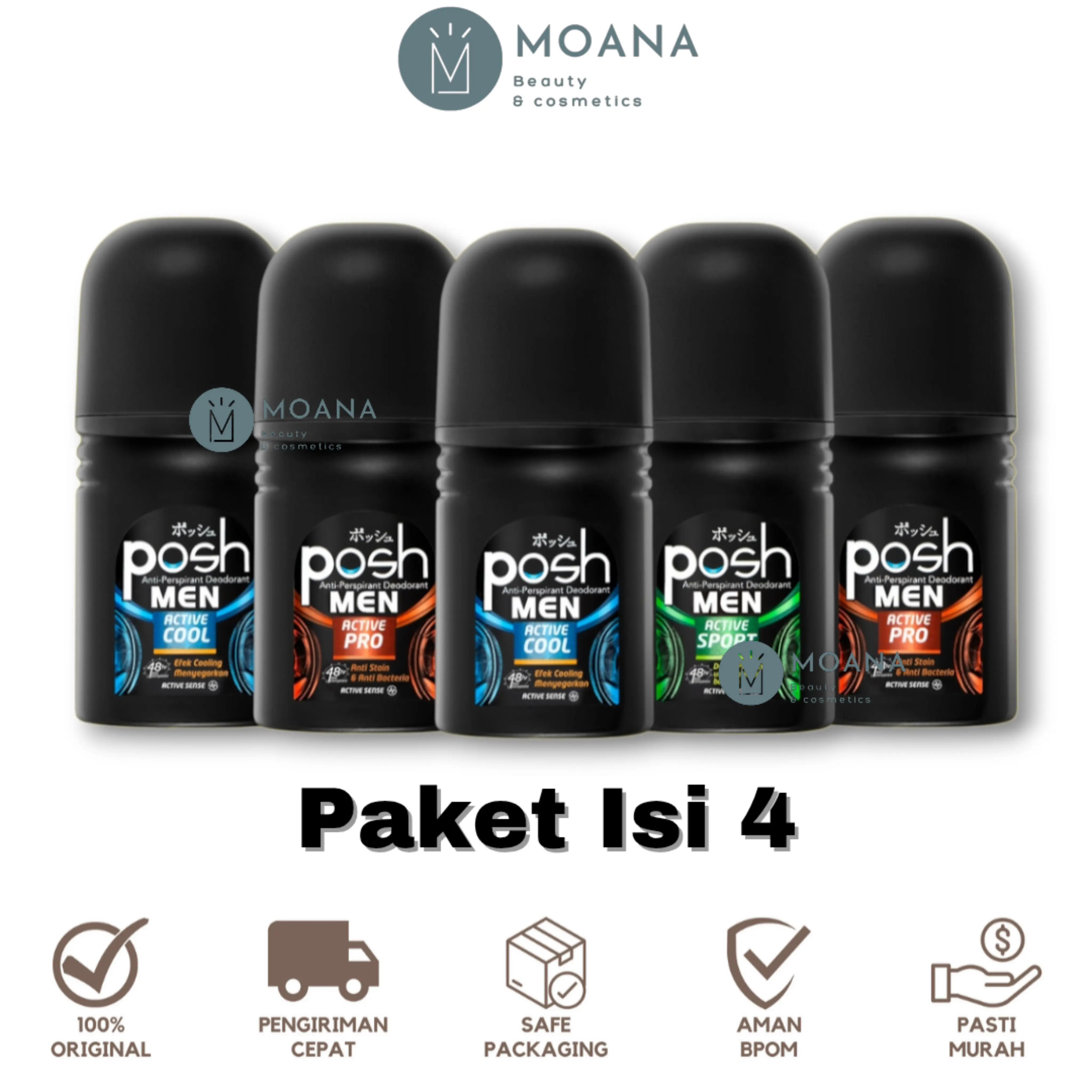 [ISI 4] Posh Men Roll On Deodorant - 50 ml | Anti-Perspirant Deodorant Laki Laki Tidak Lengket dan Tahan Lama