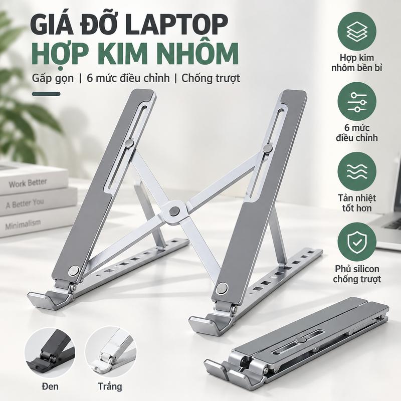 Giá Đỡ Laptop Hợp Kim Nhôm Gấp Gọn, 7 Mức Điều Chỉnh, Phủ Silicone Chống Trượt, Tản Nhiệt