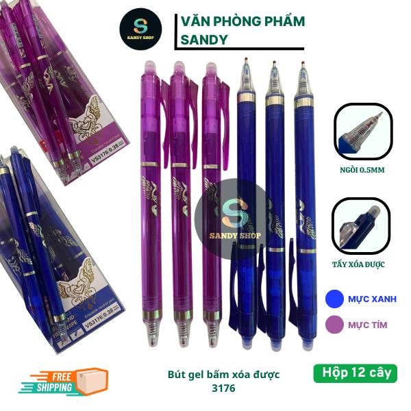  Hộp 12 cây Bút Gel Bấm Xóa Được VS3176 Mực Xanh Tím Ngòi 0.38mm - Thương Hiệu Uy Tín 