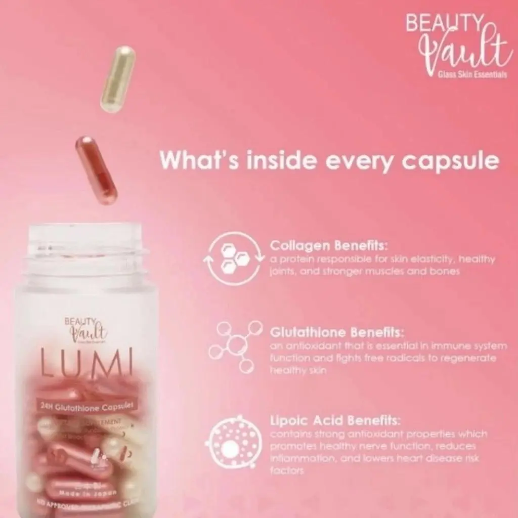 UTHENTIC Beauty Vault LUMI 60 Capsules 24H Whitening Glutathione Japan  Formula Lumina Glow Sun Block for Radiant Skin - TikTok Shop Philippines