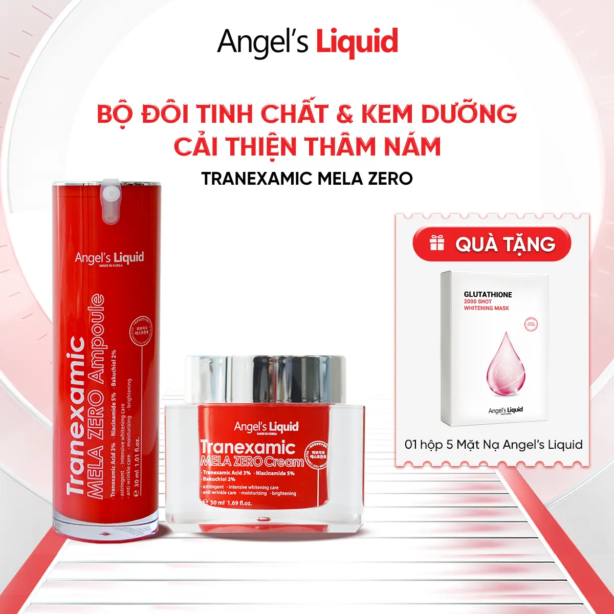 Bộ Sản Phẩm Serum & Kem Dưỡng Cải Thiện Thâm Nám Angel's Liquid Tranexamic Acid Mela Zero (ĐỎ)
